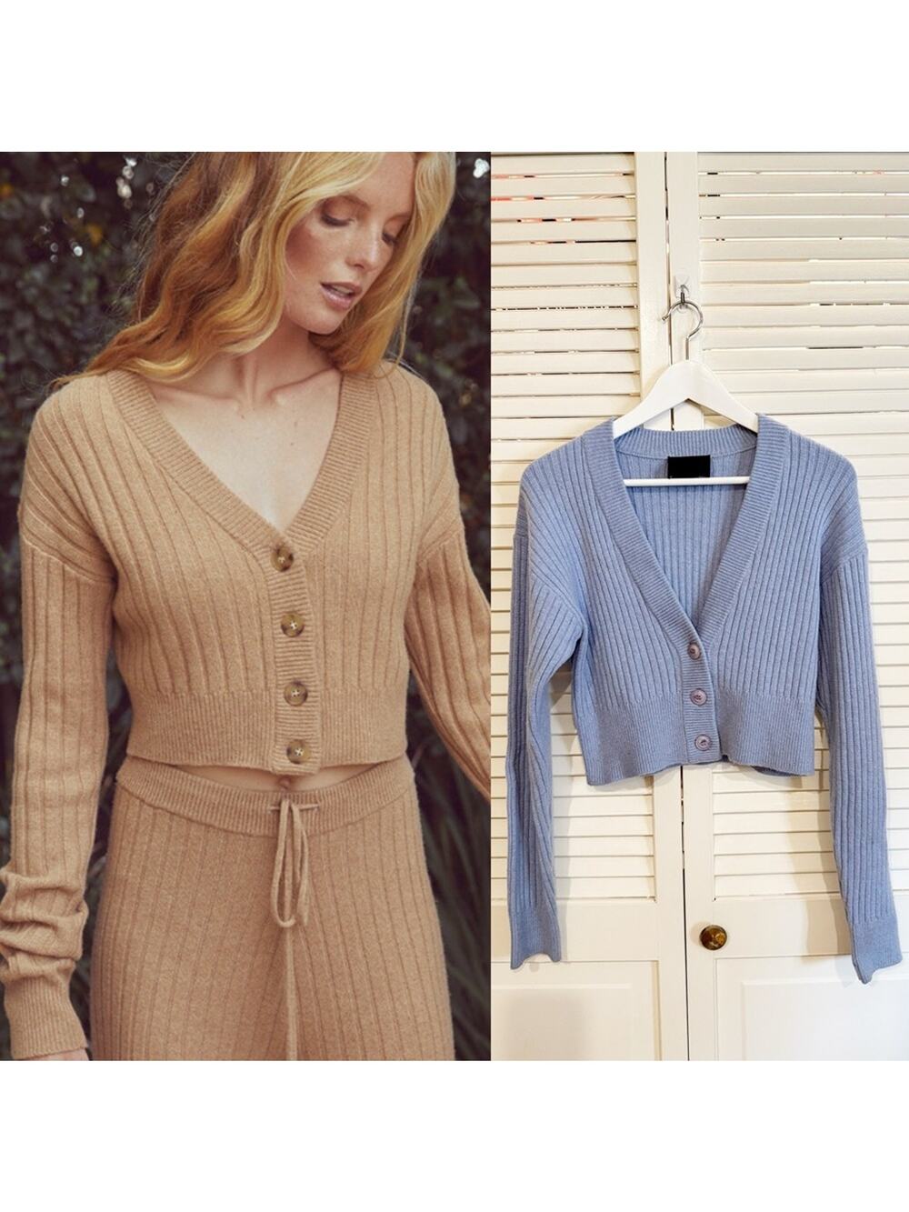 Ona by Yoon Chung Blue Ribbed Luna Cropped Cardigan Sweater